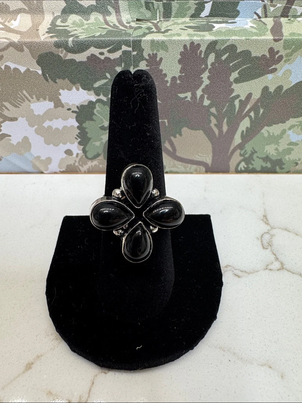 Black Teardrop Cluster Ring Sterling
